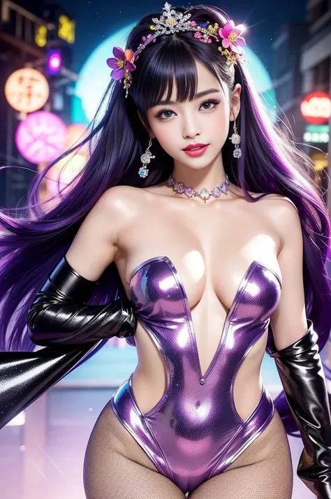 sexy Japanese model who controls poison、vivid colors、beautiful smile、lip-gloss、bold lipstick、long lashes、bold metallic makeup、look at the camera、full body Esbian、、sparkling poisoned flower costume、、、、sparkling Colorful hair、secrete poison、skull hair access...