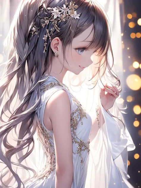 (master piece),(4k),(perfect anatomy),(complete fingers),high quality,flat chest,(1girl),(solo),pale skin,Dramatic makeup,smiling elegantly,beautiful detailed blue eyes,silky black hair,right braid loose side tail,silky dress,((with white cloak)), (Highly ...