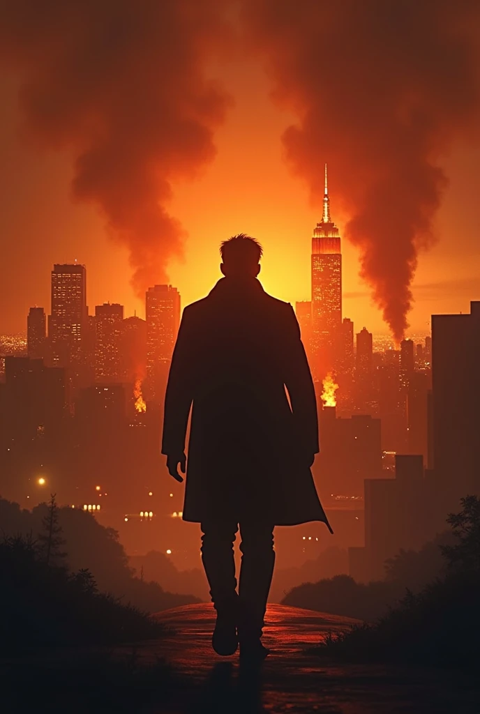 "A silhouetted figure of a man, Jackson, walking away from a burning city skyline at night. Flames and smoke rise in the background, casting an orange-red glow across the scene. The figure is calm, determined, and resolute, with his back to the destruction...