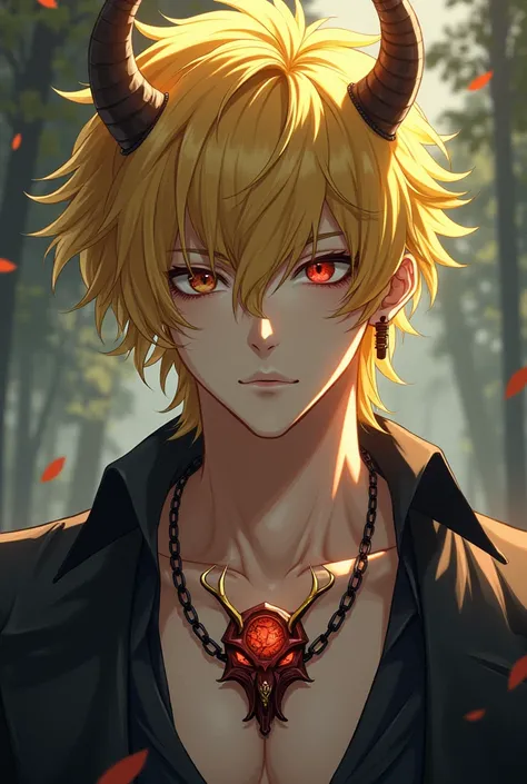 male、human、Yellow Hair、 handsome、 necklace 、 anime picture 、demon mask