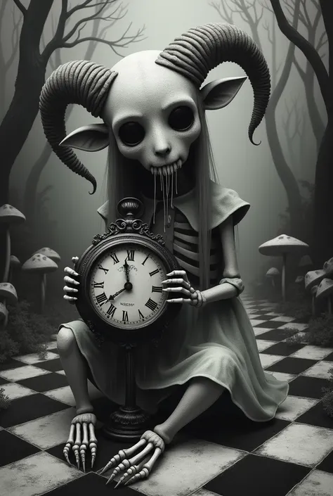 Human skeleton, sheep face, girl body with elf ears, crying, holding a clock, dead trees, nature, creepy, mushroom, eyes, black door, black and white alternating floor 