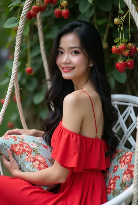  A beautiful Indonesian woman wearing a red one-strap dress and long black hair with a contemporary hairstyle. and sitting on a white hanging rattan swing and there is a colorful pillow .and her swing she is decorated with beautiful flowers . and behind he...