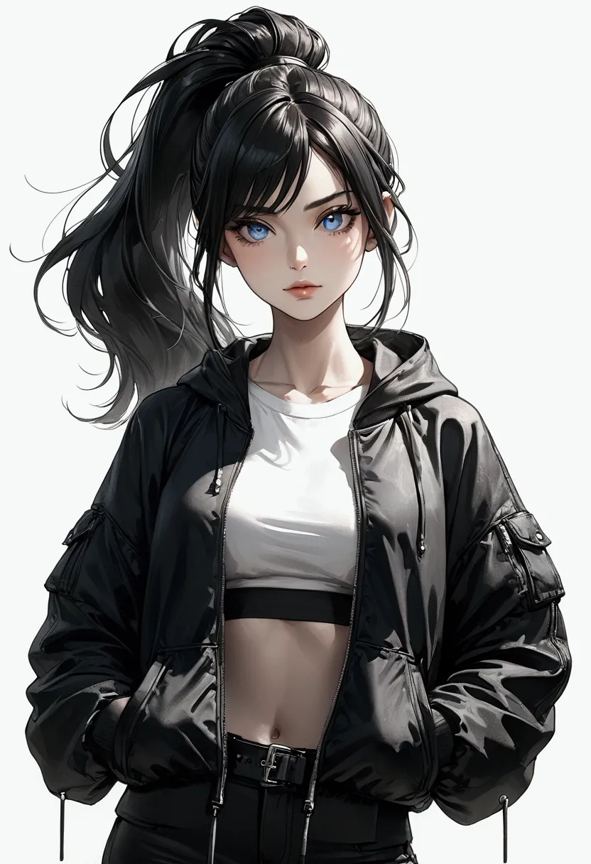 a semi-realistic anime-style woman with long, sleek black hair styled in a high ponytail. aged 21. she has a sharp, warm tan, sy...