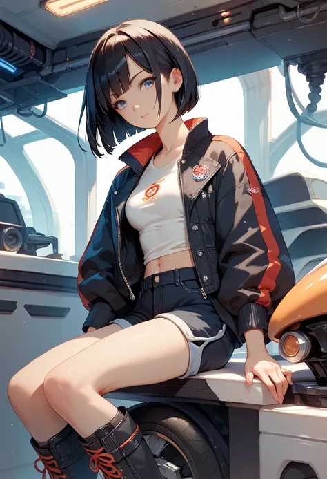 (quality masterpiece, quality best, score_9, score_8_up, score_7_up, score_6_up, score_5_up, score_4_up), cowboy shot, (younger female, slim, Black hair, bob cut, Japanese), Large riders jacket, shorts, boots, Sitting on a futuristic bike