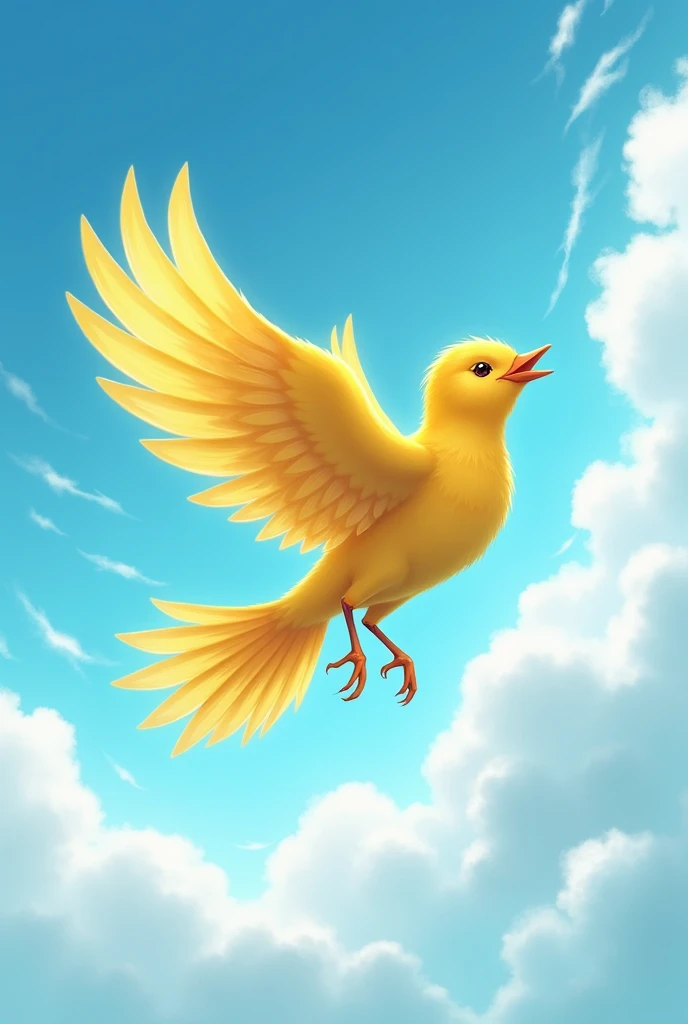 A yellow bird flying on sky