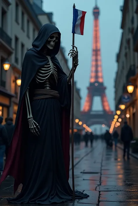 Dessine-moi la faucheuse dans une rue sombre éclairée par quelques lampadaires avec au fond de limage la Tour Eiffel de très belles couleurs dans cette rue sombre et la faucheuse avec une tête de mort et dune main qui tient le drapeau bleu blanc rouge fran...