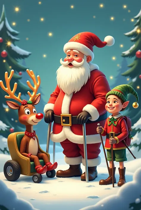 Santa Claus with walker and reindeer with wheelchair and a blind elf with walking stick