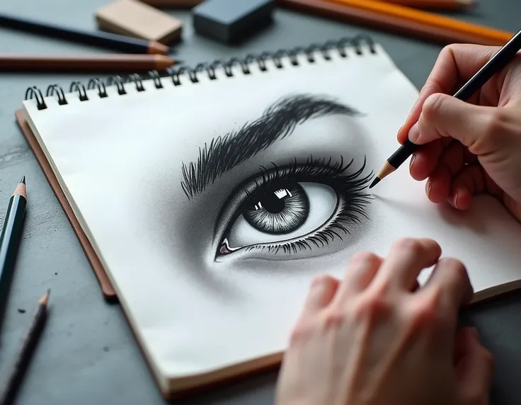 Design a stunning YouTube thumbnail for an "Amazing Sketch Tutorial" video. The main focus is a realistic sketchbook with an incredible, half-finished drawing of a detailed human eye, showing fine pencil strokes and intricate shading. A hand is seen skillf...