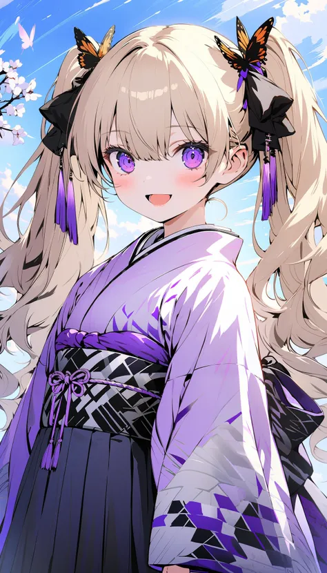 1girl, solo, 18 years old, looking at viewer, blush, smile, open mouth, blonde hair, twintails, long hair, long sleeves, purple eyes, flower, japanese clothes, wide sleeves, kimono, hair over one eye, sky, butterfly, hakama skirt, egasumi, yagasuri, purple...