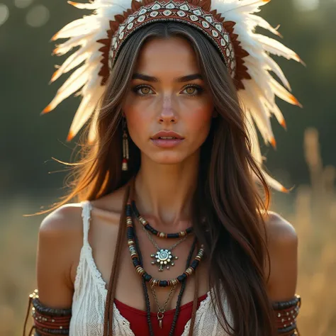 Portrait of a beautiful young Russian woman artist with long flowing brown hair and pierced brown eyes. She wears a Native American inspired headdress adorned with white feathers and intricate beads. She stares directly at the viewer with a sorrowful expre...