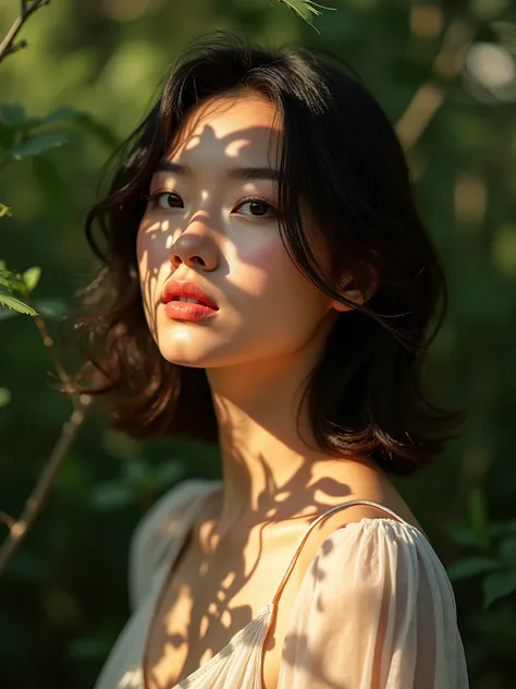 Woman in Sunlit Shadows，A portrait of a young woman with wavy hair standing in soft, warm sunlight. Shadows from nearby plants create intricate patterns across her face, enhancing her thoughtful expression and adding an element of mystery and beauty to the...