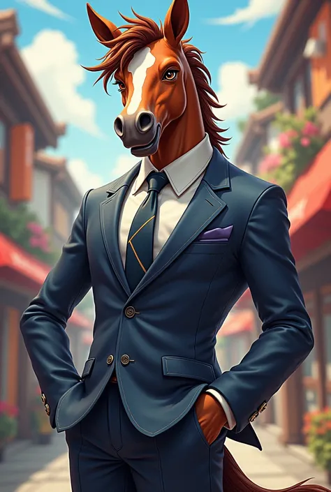 A mischievous, cute human-shaped male horse in a suit that looks like a Japanese manga