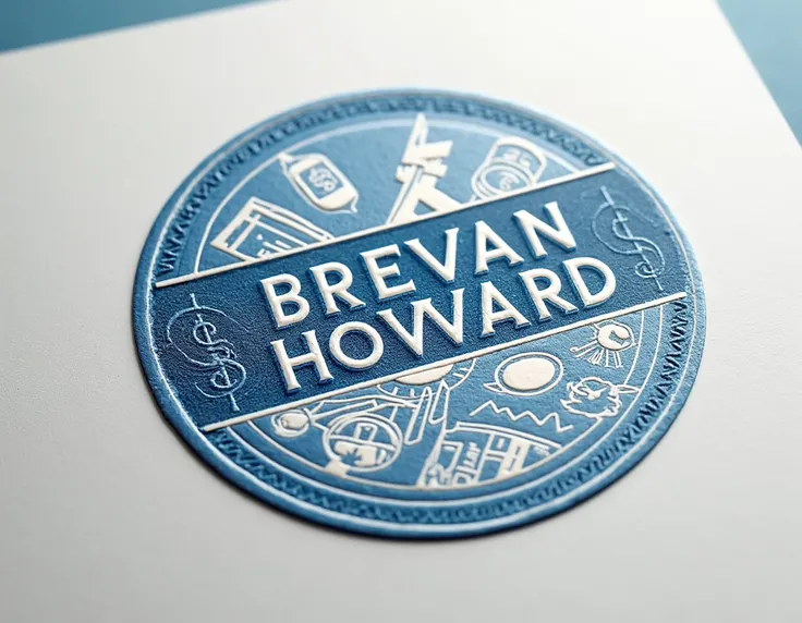 Make a classic hedge fund stamp that says “brevan Howard” with the classic attributes of money and investments, it should be done in blue and look like a stamp on documents