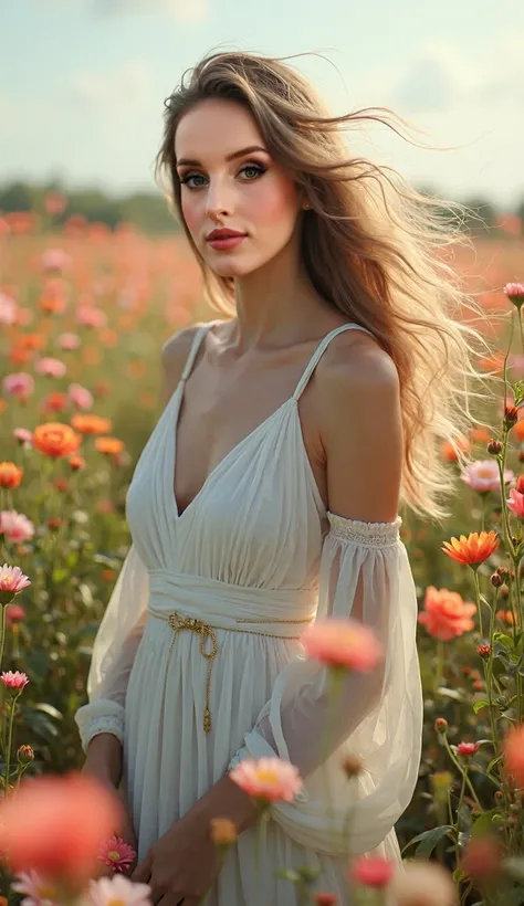 there is a woman standing In a field of flowers with a white dress, In a field of flowers,  With Flowers , photo of a  beautiful woman , gorgeous  beautiful woman , Beautiful woman ,  beautiful woman , Gorgeous and beautiful , in a field  With Flowers , ve...