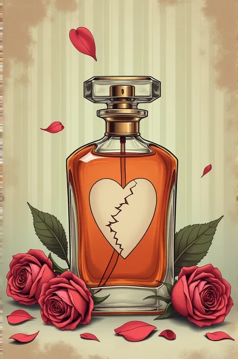 Design a retro-style illustration with a 70s-inspired color palette of muted pinks, oranges, and browns. Include a perfume bottle with a broken heart on the label, surrounded by wilted roses and scattered petals on a textured background. Add subtle details...