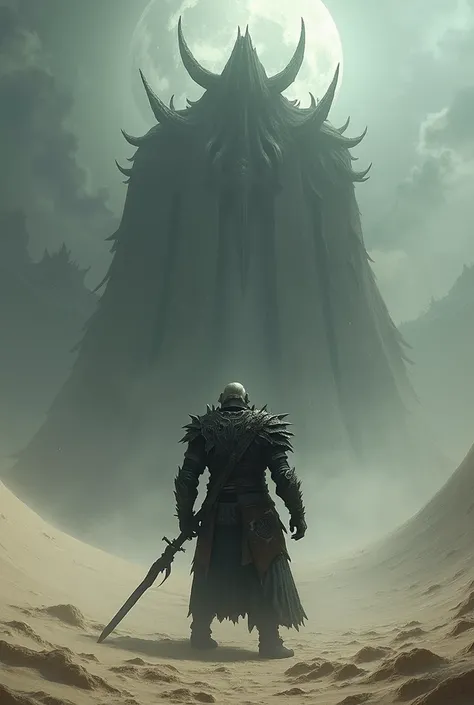 Character from the game Dark Souls 2 backwards in front of the final boss Ivory King in the sand of the abyss of chaos