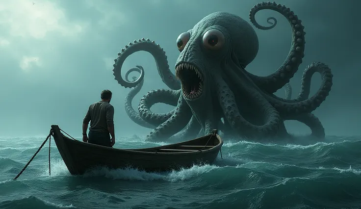 A man has an unidentified creature on a boat. The creature is an octopus-like monster. A new species with many eyes.