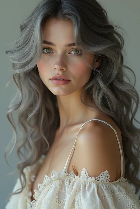 photorealim: create a beautiful lady with a beautiful dress, hair is curly long and ash gray, her eyes are hazel-green blue and she simply beautiful. 