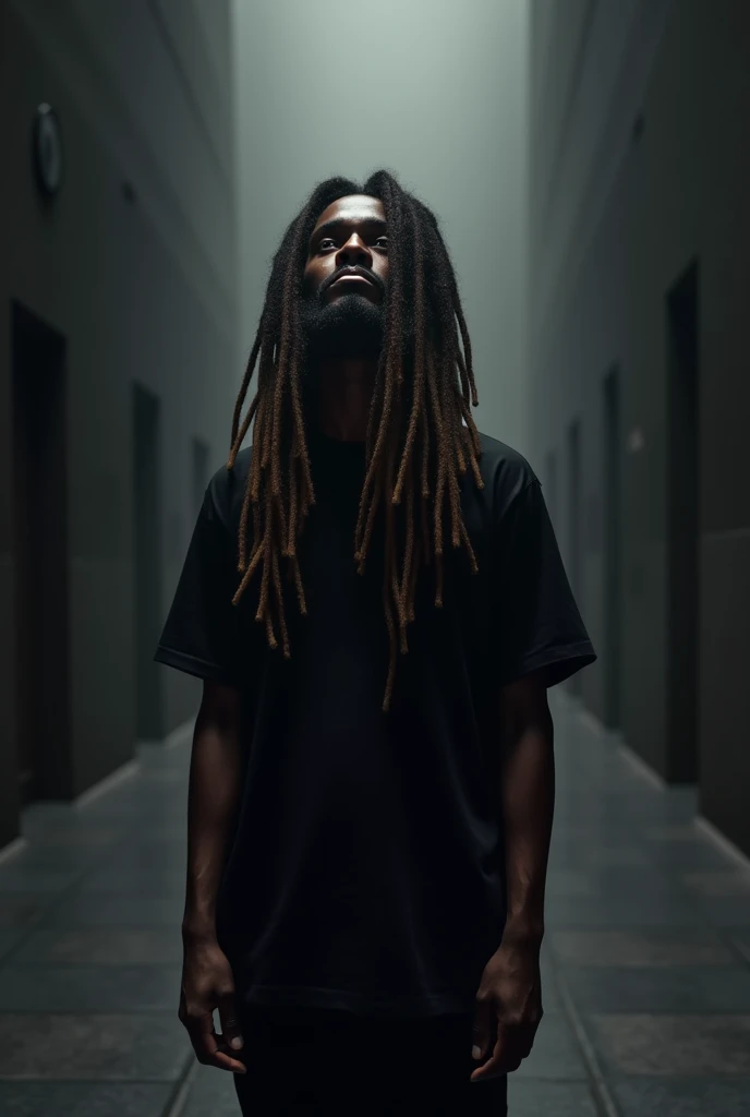 crée une image d’un homme noir de dos avec avec une soixantaine de jolies fines dread locks lachées 16 pouces qui lui arrivent au milieu du dos et qui couvrent son visage. Il est debout au loin regardant vers le haut dans une grande salle sans lumière, la ...