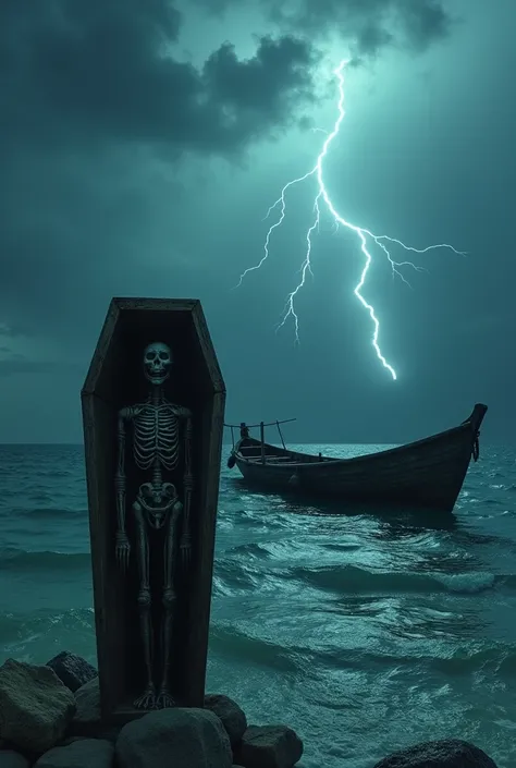 Sea stranded in a dhoani .....  In front of the dhoni one mummy in a coffin upwards a thunderstorm