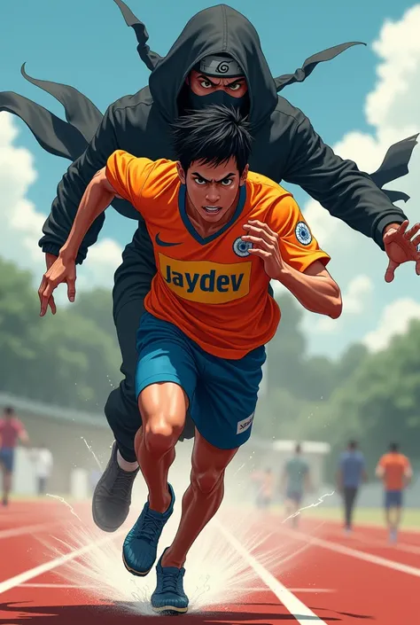 1 ladka sprint laga rha uska jersey m Jaydev likha h  thoda bada ladka aur india ka jersey  anime ladka  jisko madara uchia guide kar rha