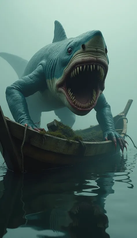 A creepy creature hangs on a boat.
A grotesque shark monster. Vicious fangs.