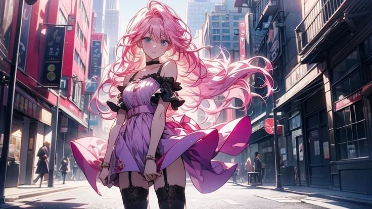 masterpiece, Best Quality , high resolution ,Perfect light and shadow,8k wallpaper,illustration, ray tracing, A Beautiful Lady , pink hair ,Long hair, blue eyes,Sexy,Very windy,City,street,Full body photo, gorgeous one-piece dress,Over the knee socks, show...