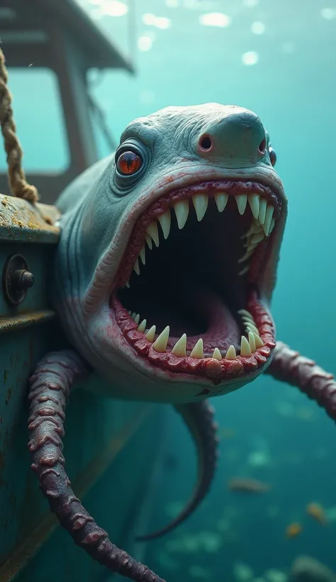 A creepy creature hangs on a boat.
A grotesque shark monster. Vicious fangs. real. A new species of creature that looks like a combination of an octopus and a shark.