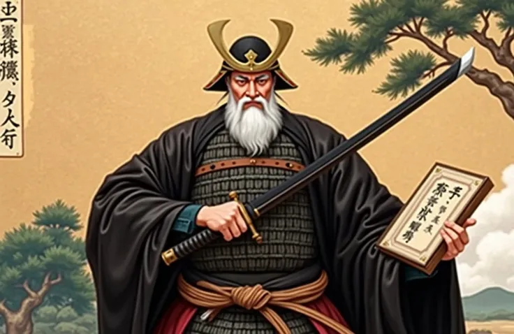 There is a picture of a man with a sword and a book, Exquisite paintings by Motonobu Kano ,  Flickr , creation, From the Sengoku period,  Katsura Masakazu, or period, Shogun era , Masakazu Katsura, Samurai Portrait, masamune shiro, Feudal Japan