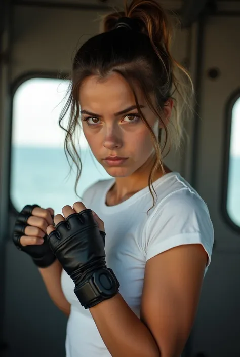 An ultra detailed photo of a 22 years old brunette girl, with messy mid-short hair in a ponytail, in a fight pose, brown eyes, natural beauty, angry expression, warm skin tone, strong body, wearing a white tight t-shirt and black polymer bracelets, fight p...