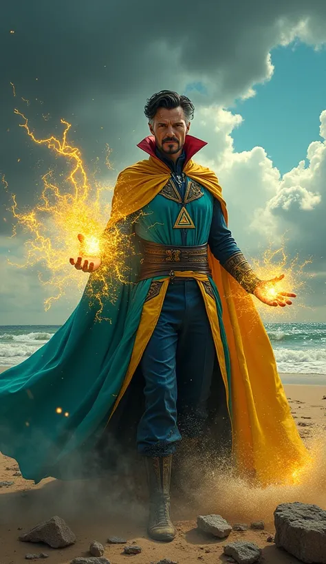 Here’s a dynamic and enhanced prompt for Doctor Strange transformed with inspiration from the Bahamas, using only the colors from the Bahamas flag:

**Prompt**: "Doctor Strange transformed into the Bahamas, his cloak entirely in the vibrant turquoise, blac...