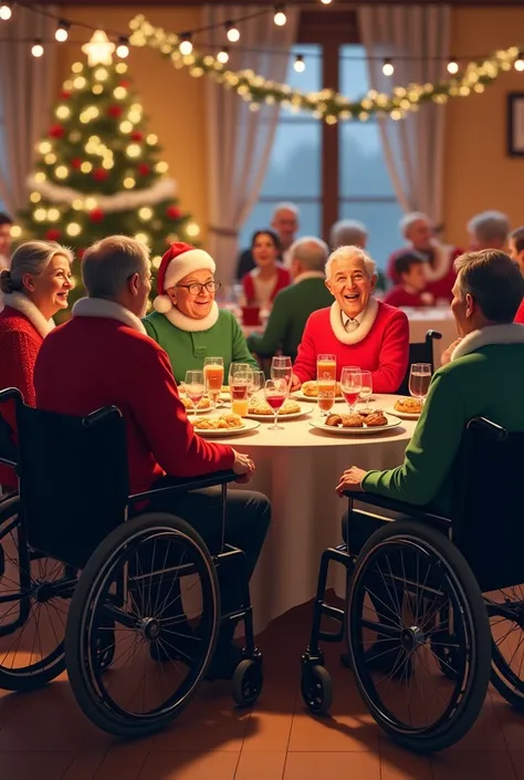 Christmas party with wheelchair drivers and people on the walker 