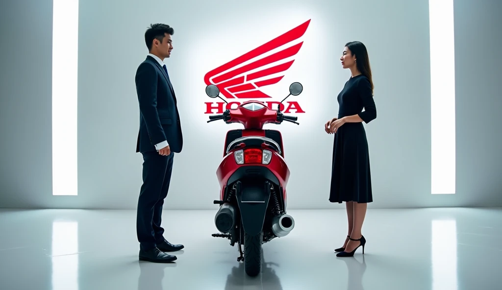 A full attractive hd photo of new 2025 Honda PCX 175 red shiny color of exterior. A white shiny showroom standing side man and women with background logo on the wall. A scooter with rear back view side of vehicle.