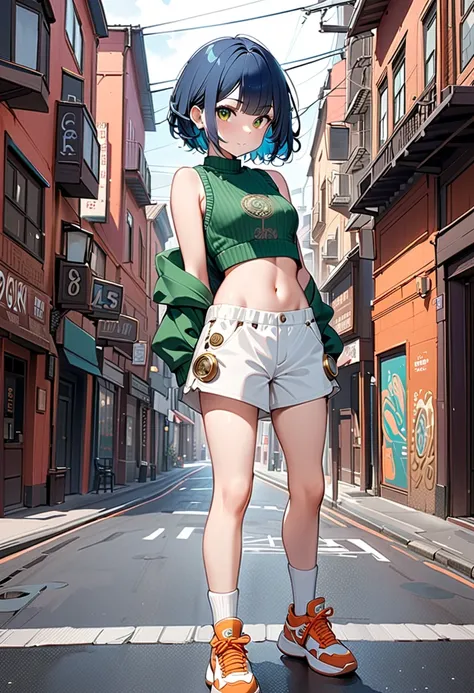 (Masterpiece, BestQuality:1.2),A girl is standing on the street. and posing for the camera, (She is wearing a sleeveless (green cropped knit), white shorts, white loose socks, and orange sneakers.), beautiful navel.whole-body. The background is a town made...