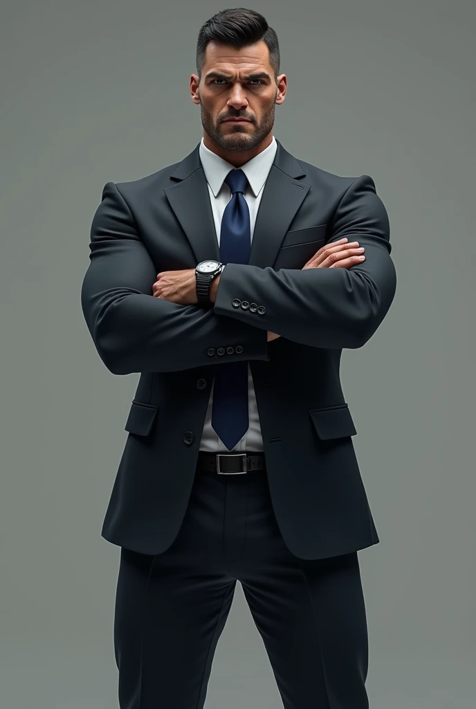  The hyperrealistic image of a very masculine and attractive 45-year-old bodyguard.  He wears a dark suit ,  he is brown and has short black hair ,  he is wearing a dark suit with a white shirt and a blue tie ,  he wears a black belt and black shoes , He h...