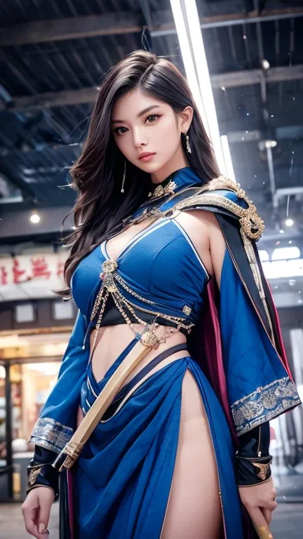 Create a hyper-realistic half-body image of a beautiful, fair-skinned Asian woman exuding strength and elegance, adorned in high-tech armor inspired by traditional samurai attire. Her armor features intricate designs that merge modern materials with classi...