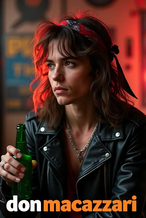 A striking portrait of a rock musician looking at the camera, dressed in a black leather jacket with a bandana tied around their head, gazing thoughtfully to the side. The background is studio music, enhancing vibrant brown highlights in their hair. They h...