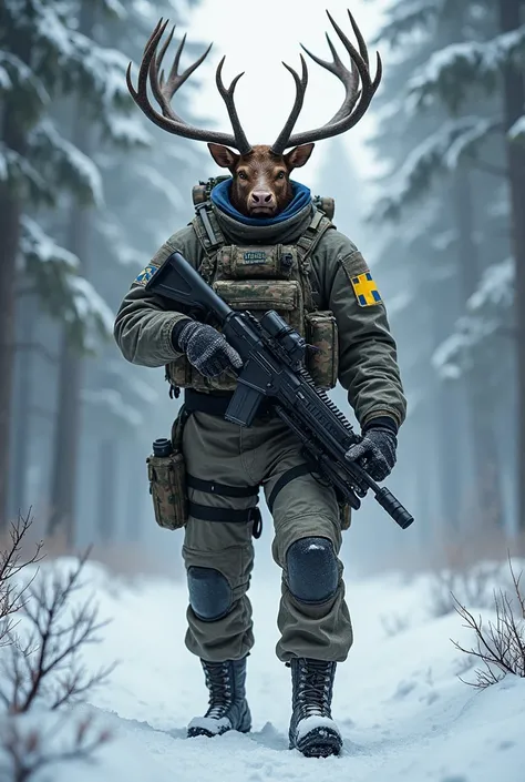 A formidable elk-human hybrid representing Swedish special forces, with impressive antlers and a muscular frame. Wearing winter camouflage gear, it stands in a snowy forest, holding specialized tracking equipment and weaponry. Its strong, vigilant stance c...