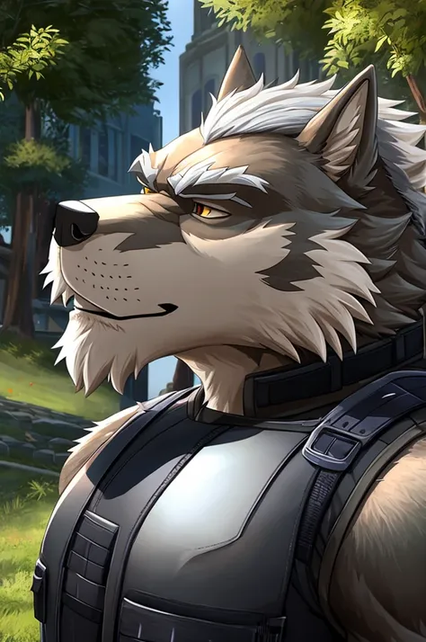 1man, huge muscular old man (furry wolf), muscular, old man, anthro, silver hair, smelling, high detail, 8k, best quality, award winning, super detail, anatomically correct, wearing a black bulletproof vest 