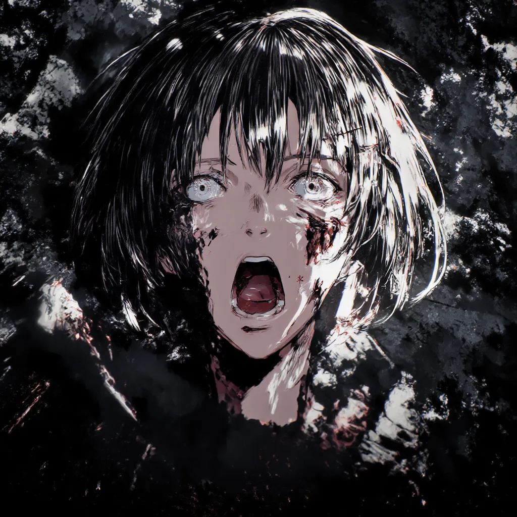 [pixel art .  anime girl, в horrorном стиле манги;  a state of anxious stillness ,  the mood of dark mystery and subcultural anx...