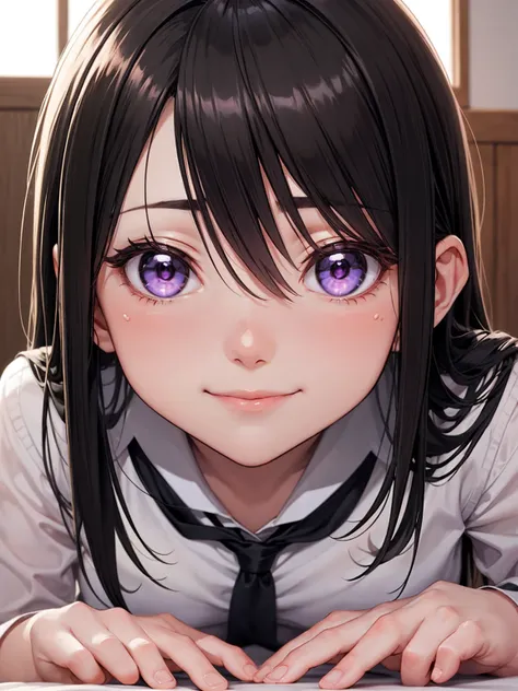 a woman,  black hair, purple eyes, anime image of a woman lying on a bed with her head in her hands, Nagatoro,   seductive anime girl , hinata hyuga, breasts, Gapmoe Yandere, close-up of another iwakura,  close up of Iwakura lain , She has a cute and expre...