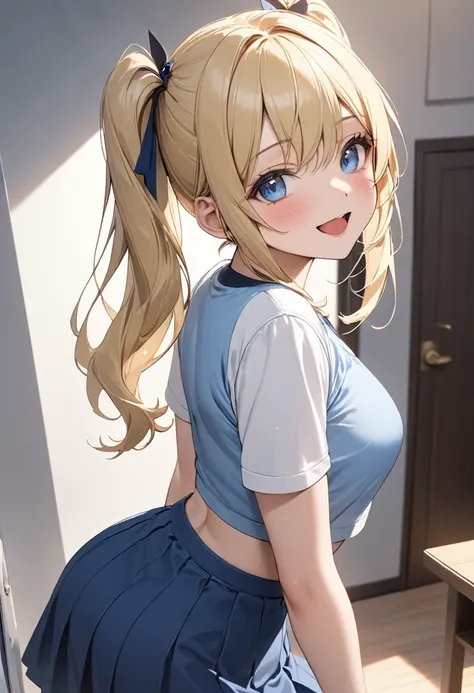  young girl、 Long Blonde Hair 、 Two Ponytails、 blue eyes、 white jacket、Short sleeve、 Blue Tight Top 、 blue skirt、 Panty House 、smile、 open your mouth、masterpiece、 High Quality 、4K、HD、Good Details 