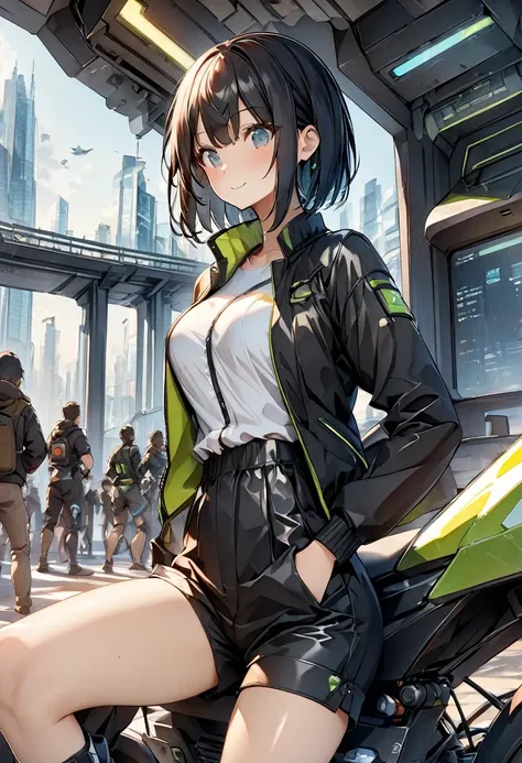 (quality_masterpiece, quality_best, score_9, score_8_up, score_7_up, score_6_up, score_5_up, score_4_up), cowboy shot, (younger female, slim, Black hair, bob cut, Japanese), Large riders jacket, shorts, boots, Sitting on a futuristic bike, Future City