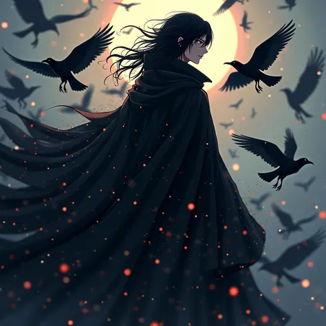  masterpiece, high-quality, uchiha itachi, A handsome man in akatsuki black cloak, his body dissolving into flocks of crow birds that shimmer , , each feather carries a hint of color from dusks last light, Style is Symbolic realism with surreal transitions...