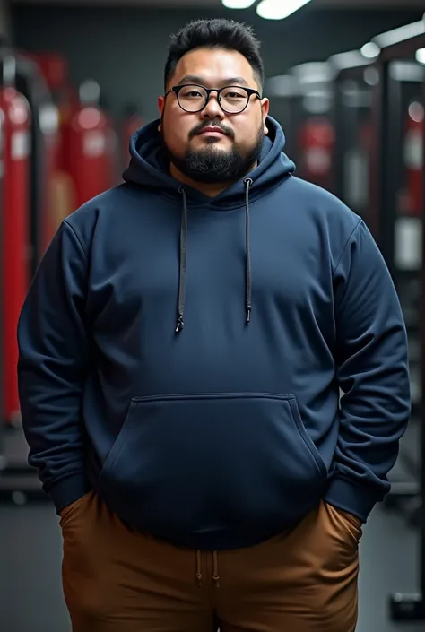  upper body dark red blue hooded sweatshirt，Chinese fat men are obese ，Short inch head ， very short ，Bright big eyes， big round face ，Very round chin ， full cheek and round beard ，Very developed when missing the chest ，Black round glasses， Big tummy rollin...