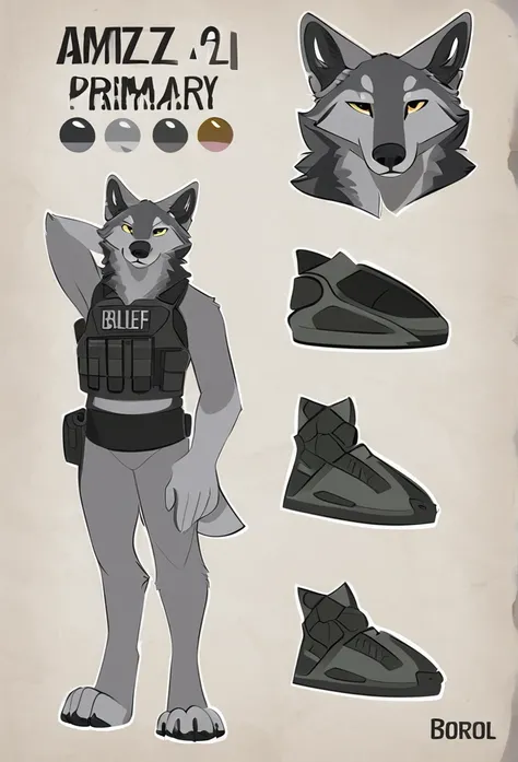 Solo, male, furry art, grey wolf, fursona, (((grey primary fur))), white secondary, (perky ears), reference sheet, amazing simple art, masterfully executed, beautiful background, normal body, paws hands, cool pose, wearing a bulletproof vest.