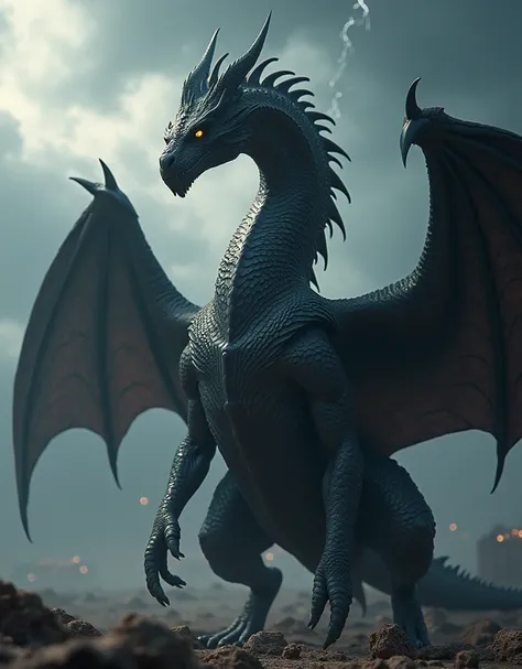 A photorealistic, ultra-detailed image, cinematic,  of a gigantic black dragon