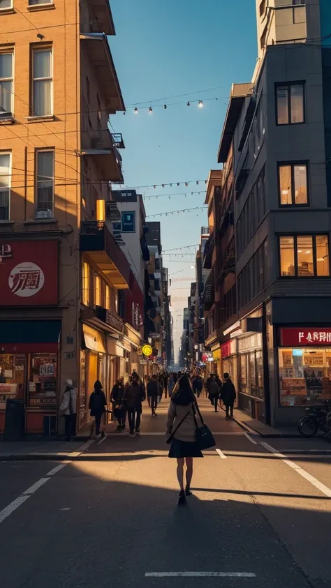 A photo of a bustling city street at sunset. The warm glow of the setting sun illuminates the buildings and the street, casting cool shadows. A young woman is silhouetted as she crosses the street. The street is filled with pedestrians and vehicles in moti...