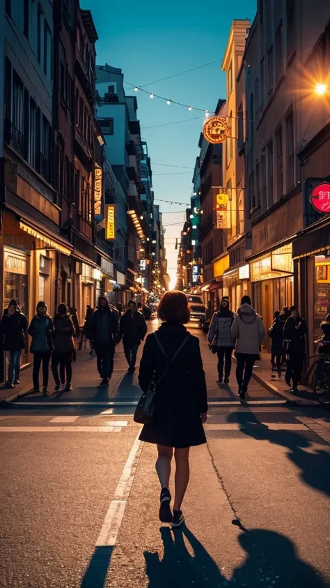 A photo of a bustling city street at sunset. The warm glow of the setting sun illuminates the buildings and the street, casting cool shadows. A young woman is silhouetted as she crosses the street. The street is filled with pedestrians and vehicles in moti...