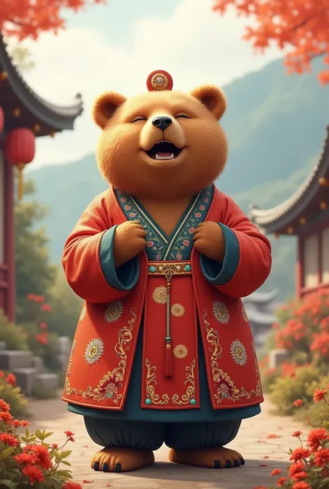 A bear wearing a hanbok and singing Arirang